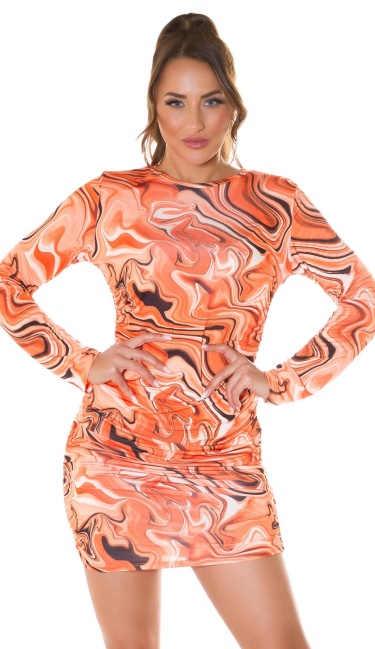 lang-mouw mini jurkje met print oranje